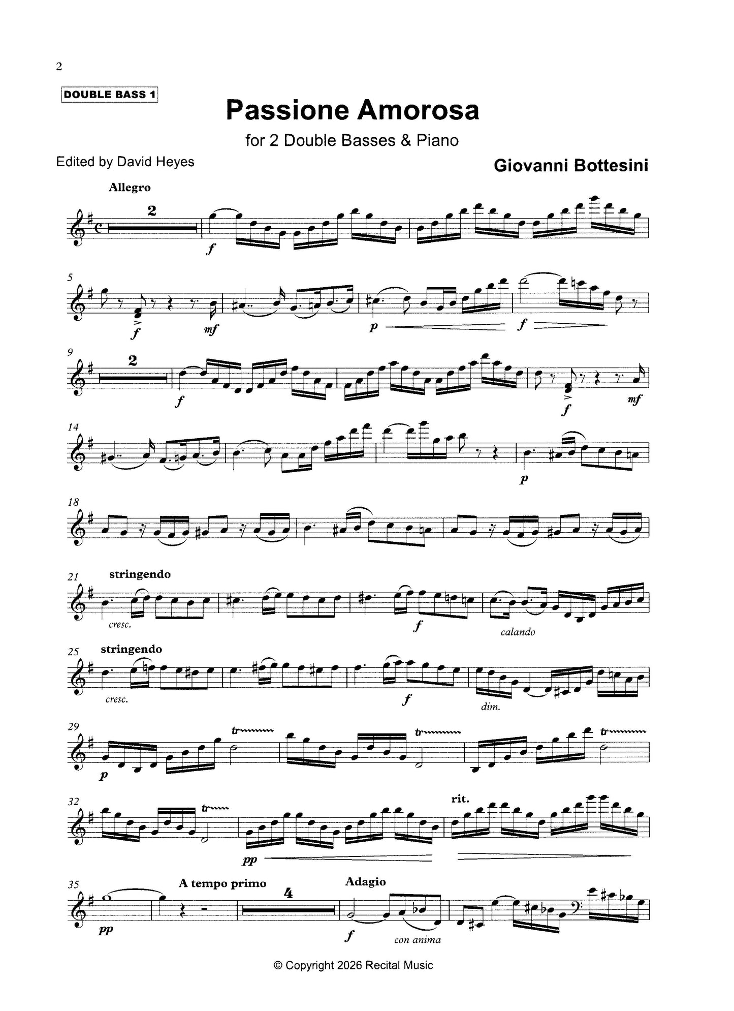 Bottesini: Passione Amorosa for 2 double basses & piano (ed. Heyes)