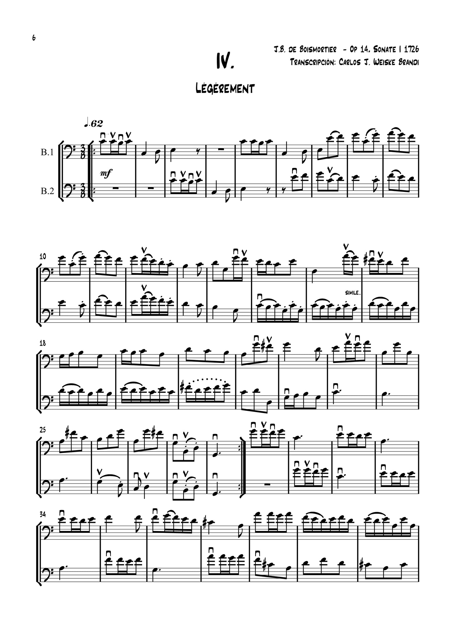 Boismortier: Sonata N° 1 Op. XIV for 2 double basses (ed. Weiske)