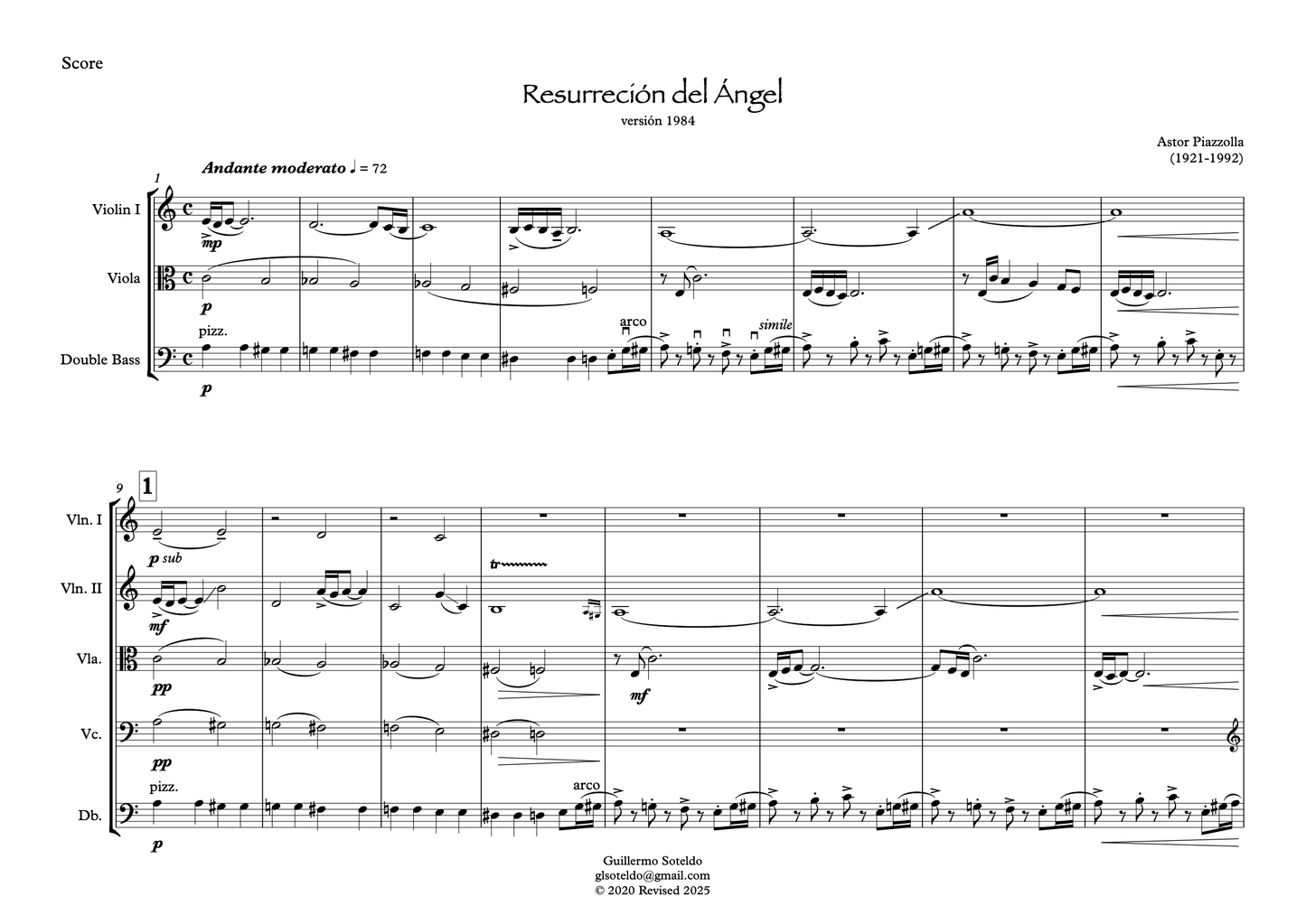 Piazzolla: Resurrección del Ángel for string quintet (arr. Soteldo)