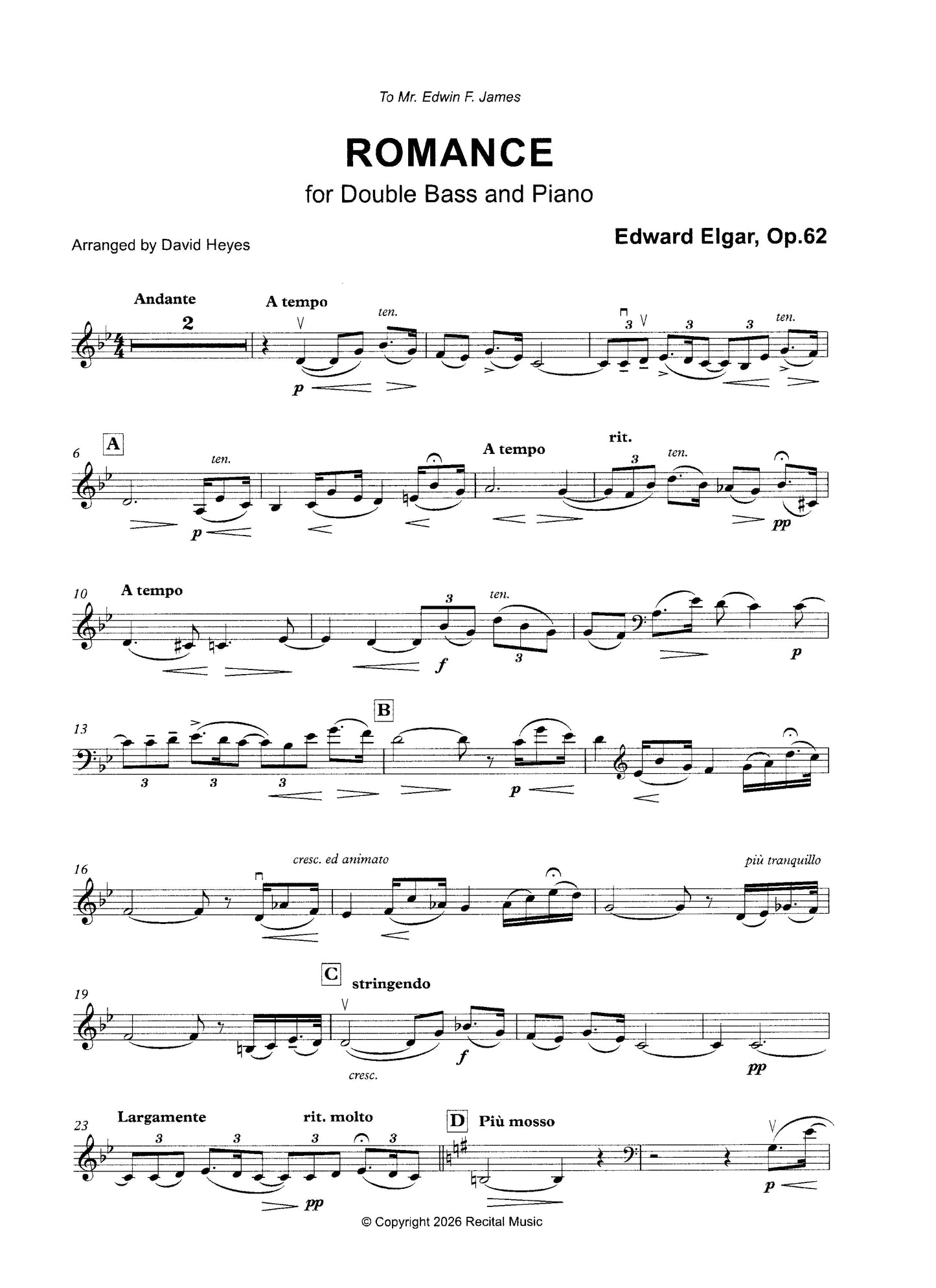 Edward Elgar: Romance Op.62 for double bass and piano (arr. Heyes)