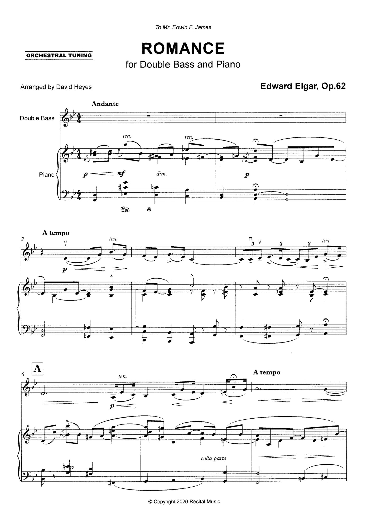 Edward Elgar: Romance Op.62 for double bass and piano (arr. Heyes)