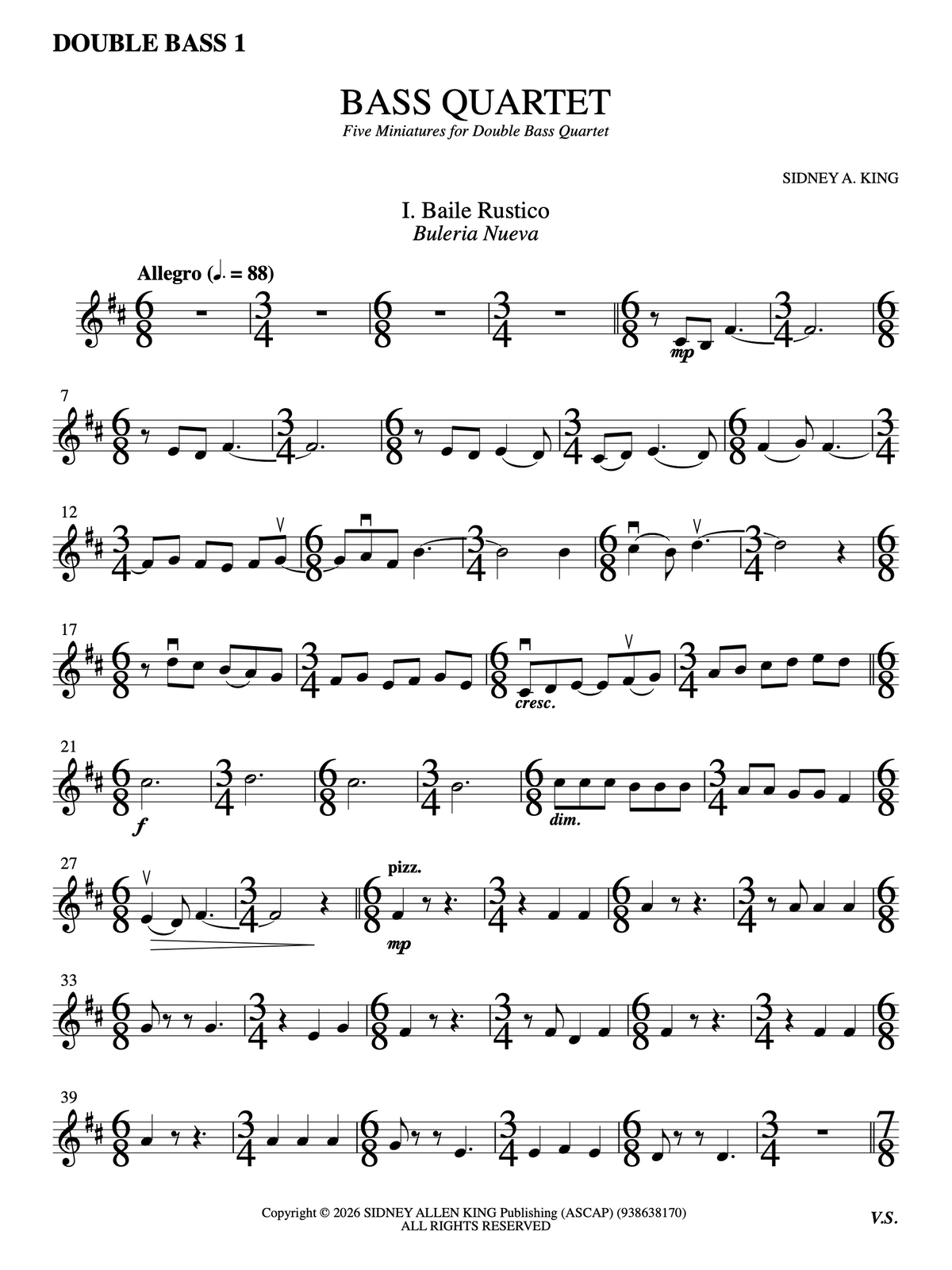 Sidney King: Five Miniatures for double bass quartet