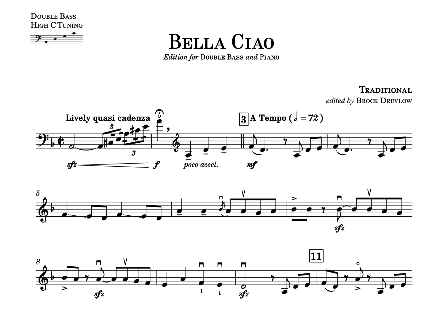 Bella Ciao for double bass and piano (ed. Drevlow)