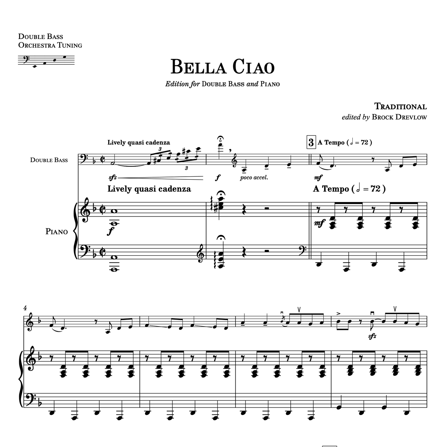 Bella Ciao for double bass and piano (ed. Drevlow)