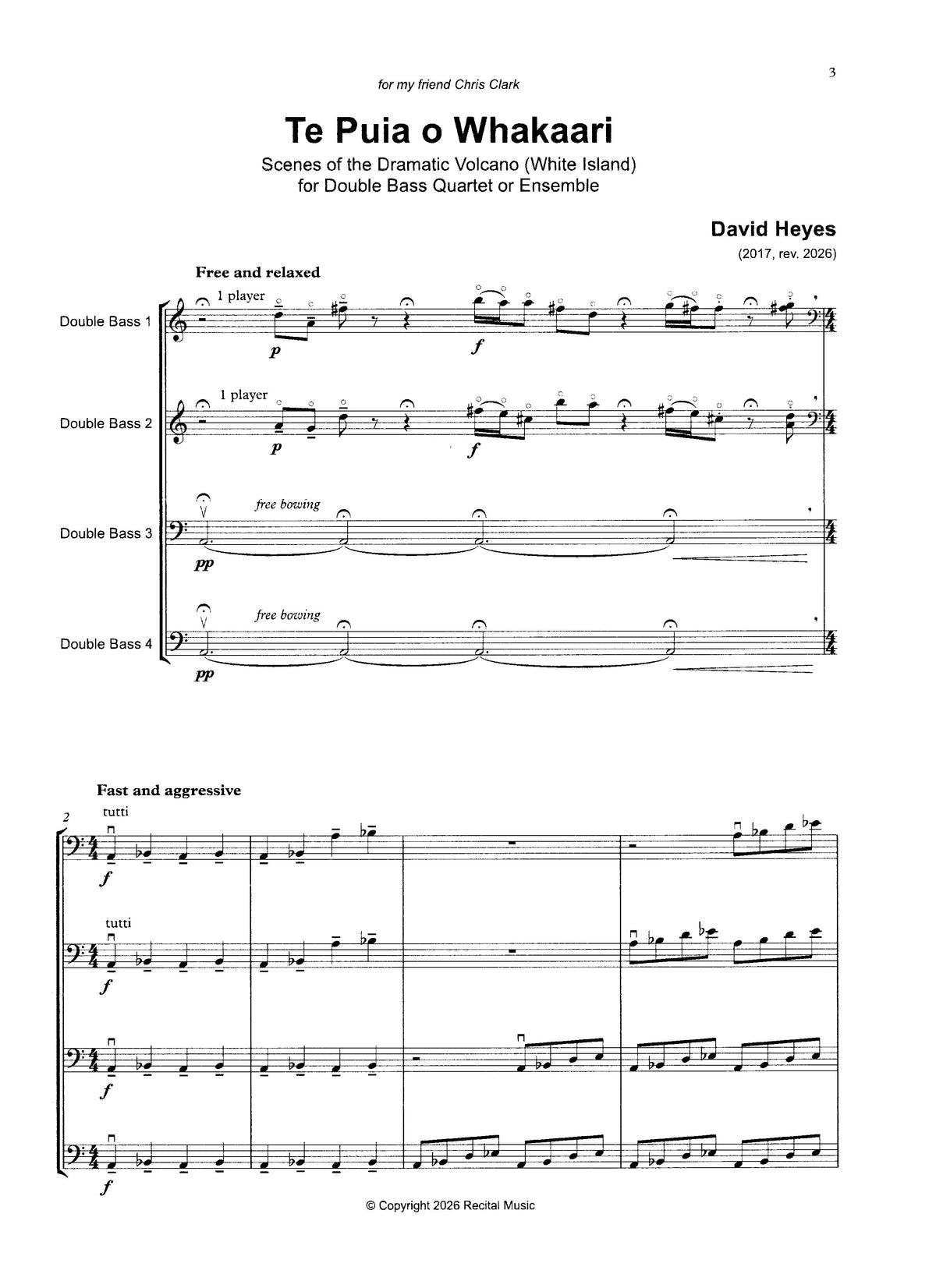 David Heyes: Te Puia o Whakaari 'Scenes of the Dramatic Volcano' for double bass quartet