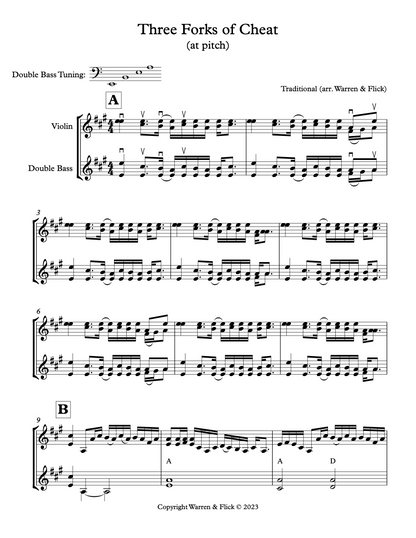 "Three Forks of Cheat" Traditional American for double bass and violin (arr. by Warren & Flick)