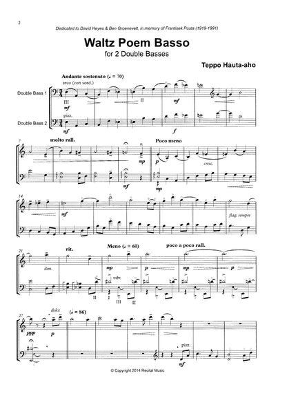 Teppo Hauta-aho: Waltz Poem Basso for 2 Double Basses