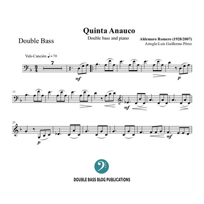 Aldemaro Romero: Quinta Anauco for double bass and piano (arranged by Luis Pérez)