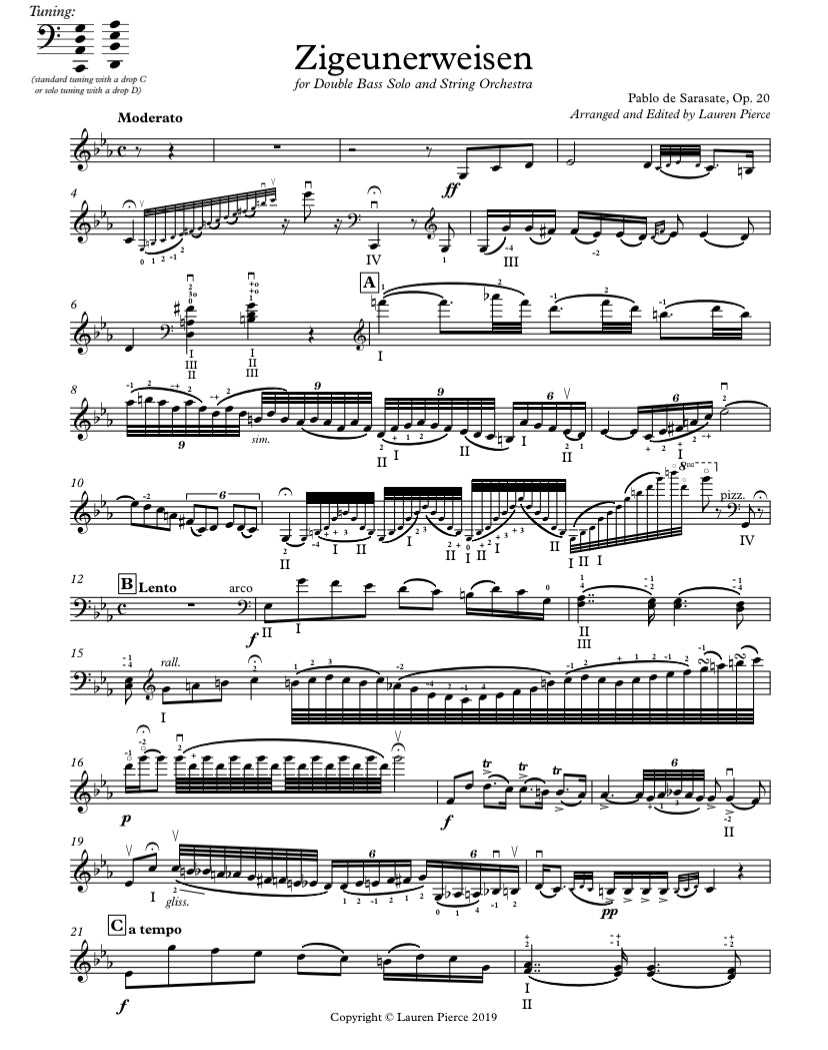 Sarasate: Zigeunerweisen for Double Bass and String Orchestra (arr. by Lauren Pierce)