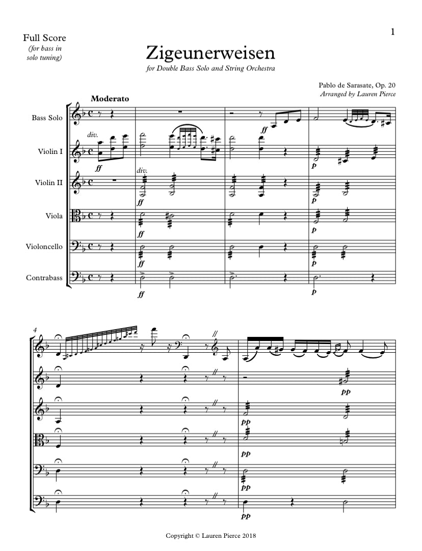 Sarasate: Zigeunerweisen for Double Bass and String Orchestra (arr. by Lauren Pierce)