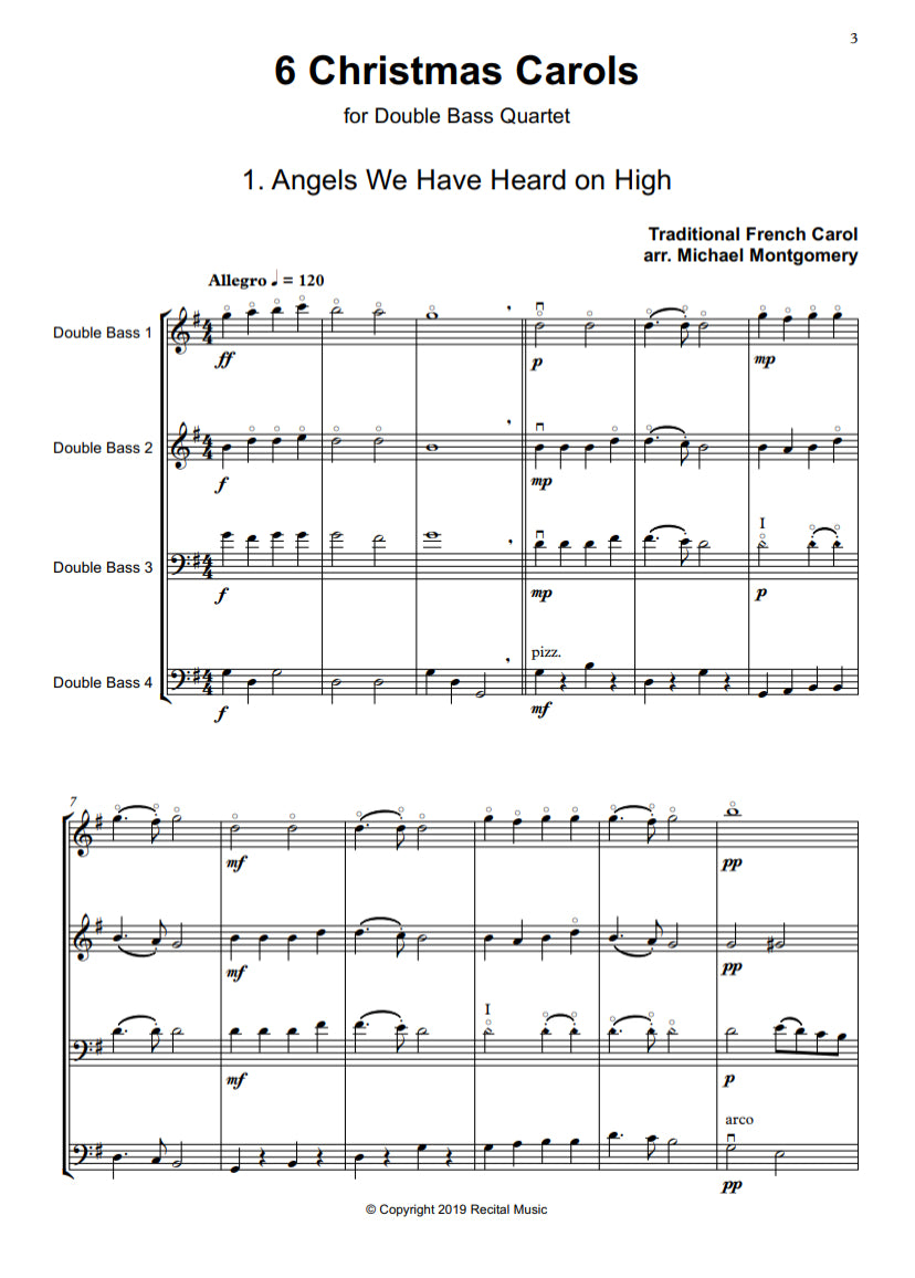 Michael Montgomery: 6 Christmas Carols for double bass quartet