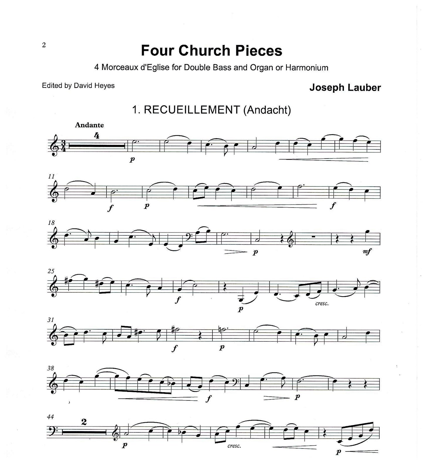 Jospeh Lauber: Four Church Pieces for double bass & organ (harmonium or piano)