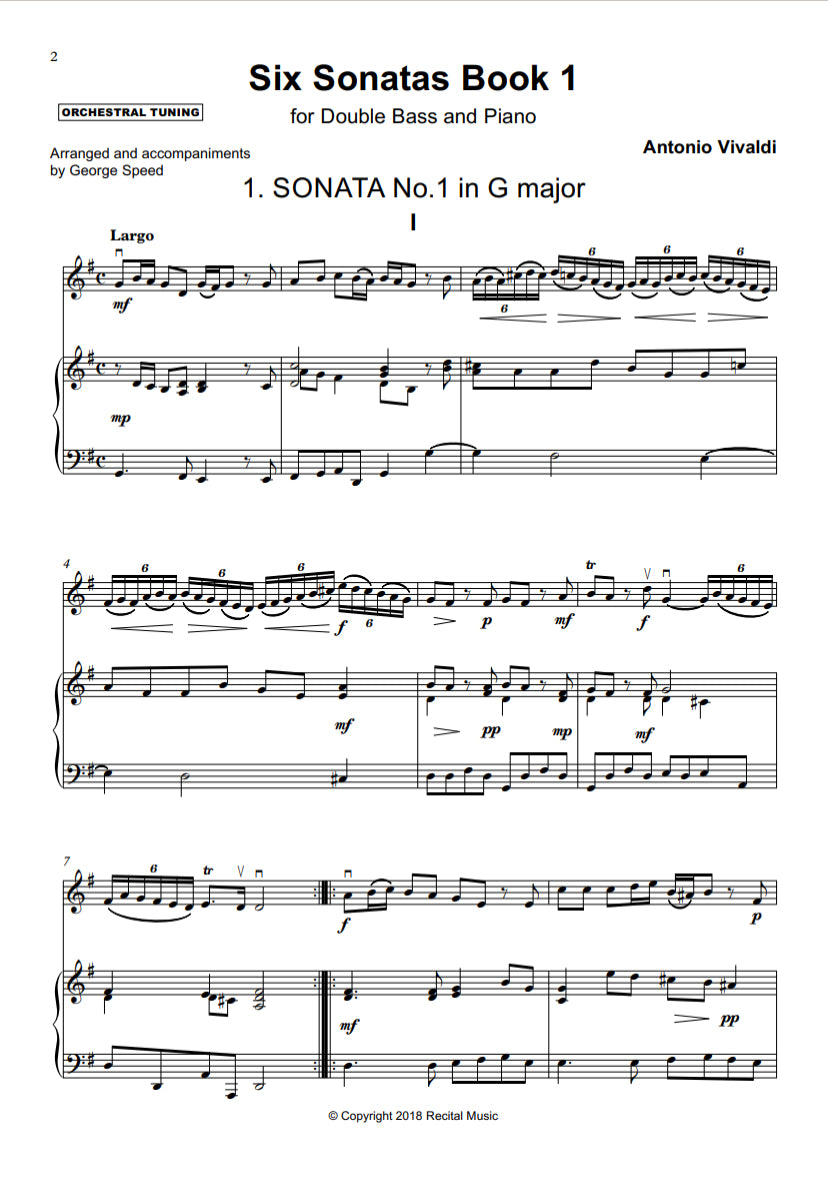 Antonio Vivaldi (arranged by George Speed): Sonatas 1-6 for double bass & piano (Orchestral Tuning)