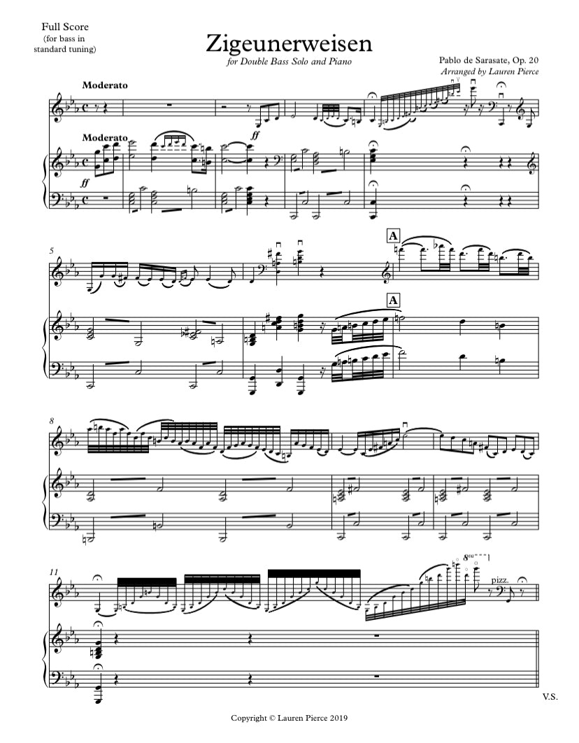 Sarasate: Zigeunerweisen for Double Bass and Piano (arr. by Lauren Pierce)