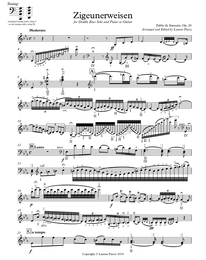 Sarasate: Zigeunerweisen for Double Bass and Piano (arr. by Lauren Pierce)