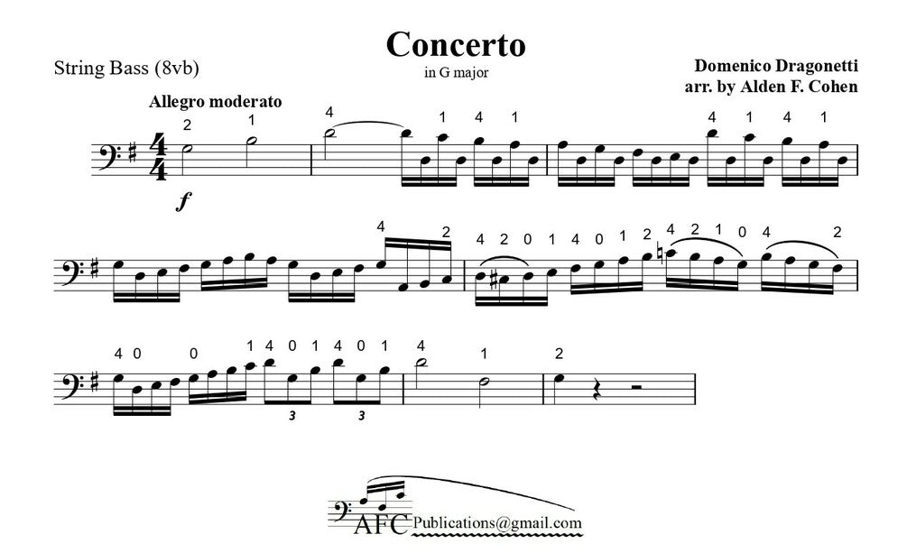 Domenico Dragonetti: Concerto for double bass (written an 8vb lower) edited by Alden Cohen