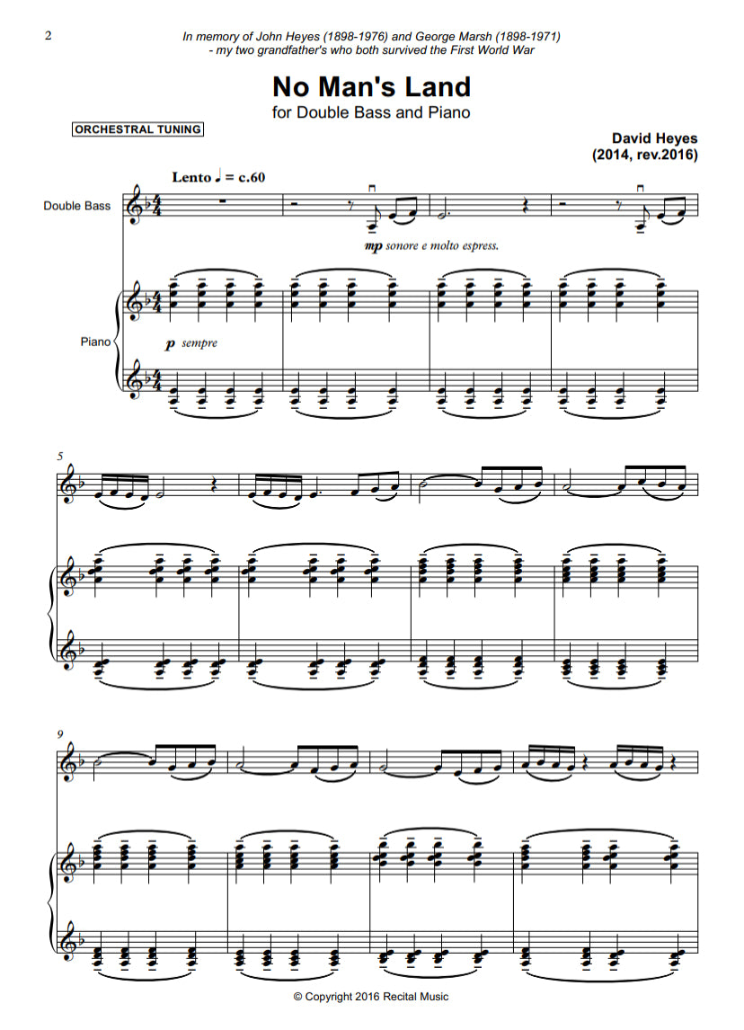 David Heyes: In Flanders Fields: 3 Pieces for double bass & piano