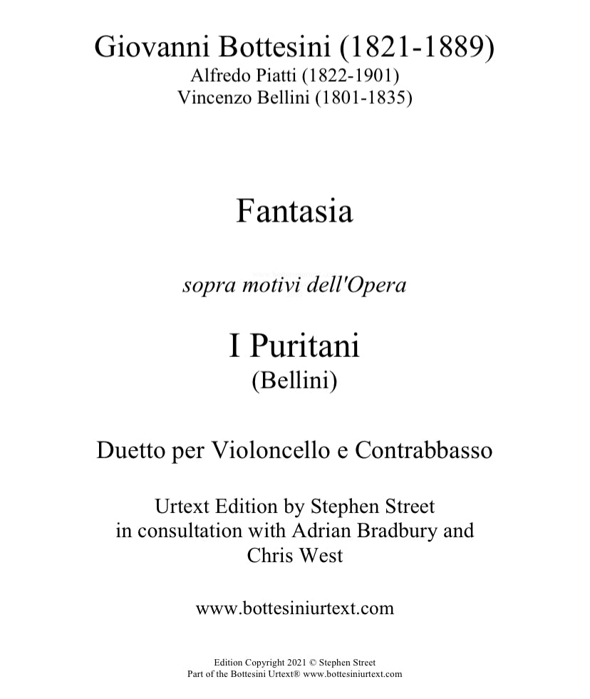 Bottesini: Fantasia I Puritani Duetto Per Violoncello e Contrabasso (Urtext Edition)