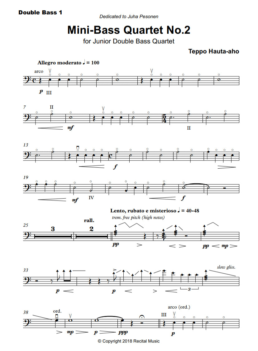 Teppo Hauta-aho: Mini-Bass Quartet No. 2 for Junior Double Bass Quartet