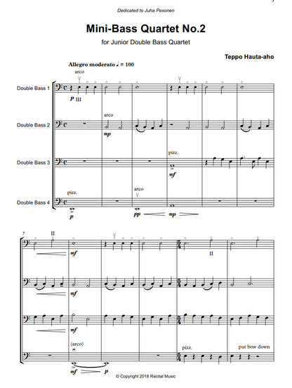 Teppo Hauta-aho: Mini-Bass Quartet No. 2 for Junior Double Bass Quartet