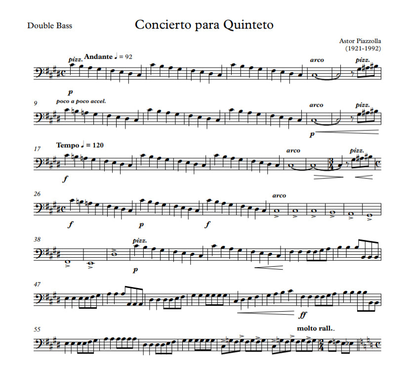 Astor Piazzolla: Concierto para Quinteto for string quintet (2 vln, vla, cello, db) arranged by Guillermo Soteldo