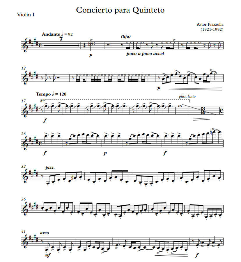 Astor Piazzolla: Concierto para Quinteto for string quintet (2 vln, vla, cello, db) arranged by Guillermo Soteldo