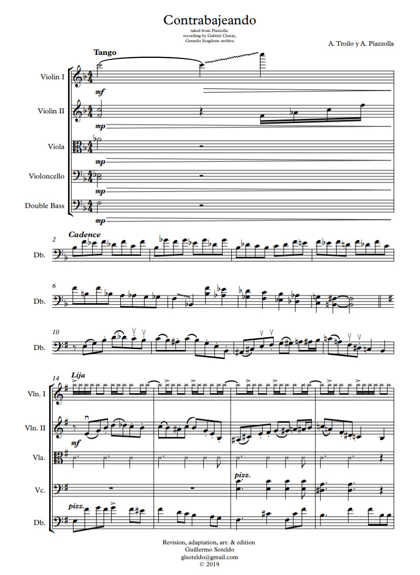 Piazzolla: Contrabajeando for String Tango Quintet (arranged by Guillermo Soteldo)