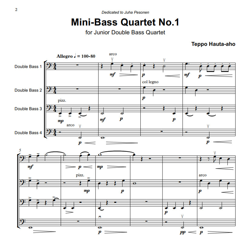 Teppo Hauta-aho: Mini-Bass Quartet No.1 for the beginner double bass quartet
