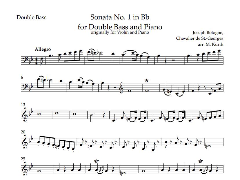Joseph Bologne: Sonata No. 1 in Bb for Double Bass and Piano