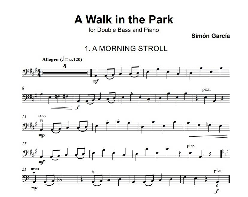 Simón García: A Walk in the Park for beginner double bass & piano