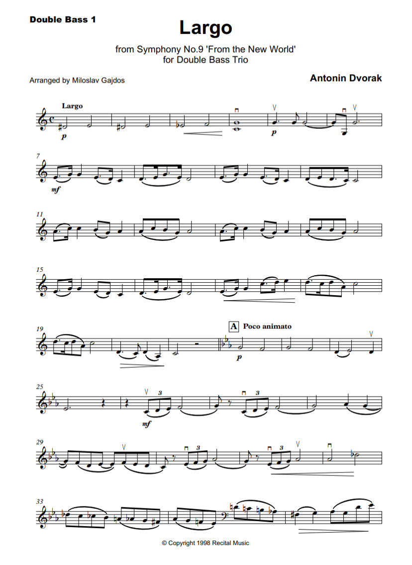 World')　for　Double　–　double　Sheet　Bass　Largo　Antonín　'From　No.9　New　Dvořák:　Music　(Symphony　the