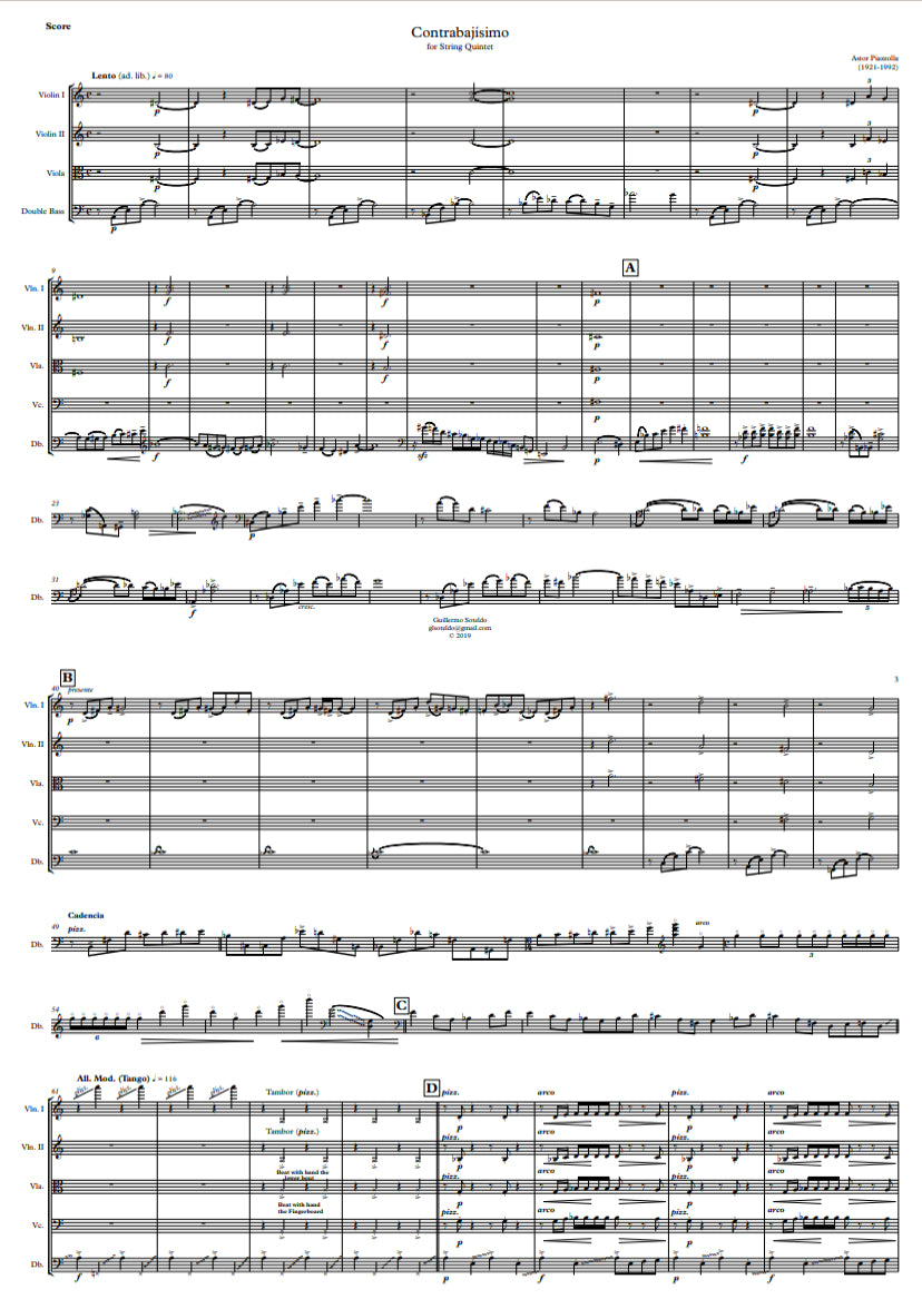 Astor Piazzolla: Contrabajísimo (Contrabajissimo) 1984 for string quintet